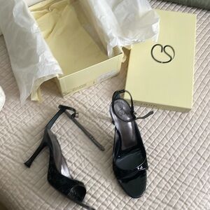 St. John patent leather Bridget peeptoe heels 5 ankle strap buckle black silver